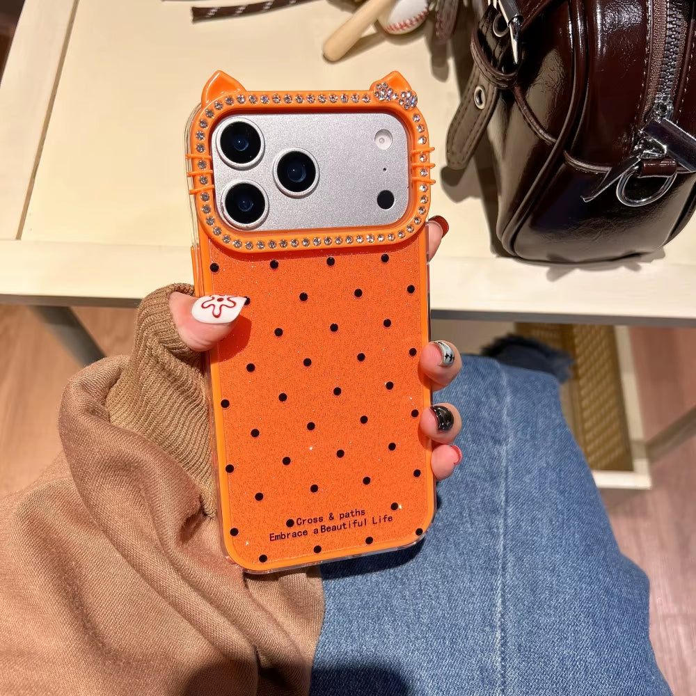 Cute Cat Ear Glitter Diamond Polka Dots Case for Iphone 16 17 Pro Max Air 15 14 plus 11 12 13 Wave Point Bling Cartoon Cover