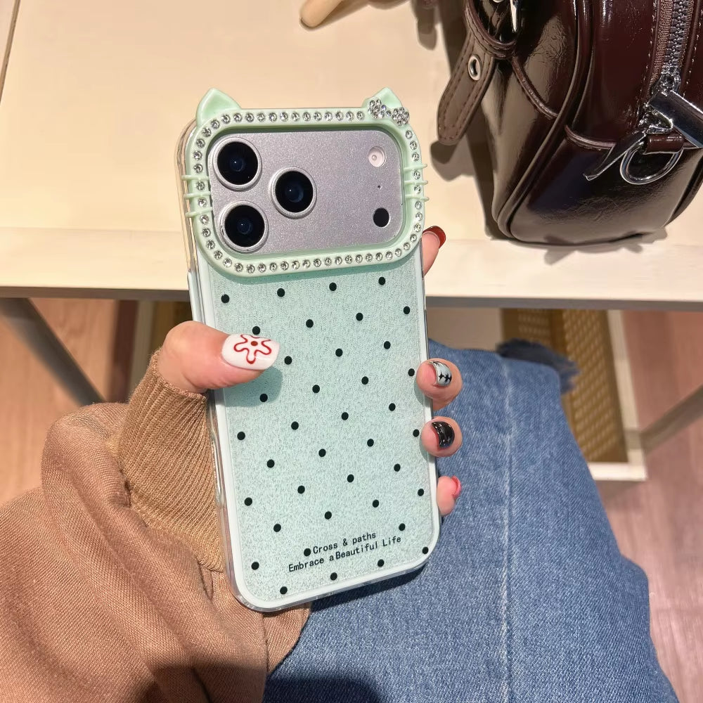 Cute Cat Ear Glitter Diamond Polka Dots Case for Iphone 16 17 Pro Max Air 15 14 plus 11 12 13 Wave Point Bling Cartoon Cover