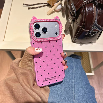 Cute Cat Ear Glitter Diamond Polka Dots Case for Iphone 16 17 Pro Max Air 15 14 plus 11 12 13 Wave Point Bling Cartoon Cover