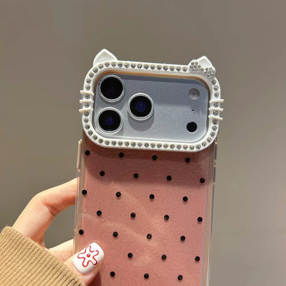 Cute Cat Ear Glitter Diamond Polka Dots Case for Iphone 16 17 Pro Max Air 15 14 plus 11 12 13 Wave Point Bling Cartoon Cover