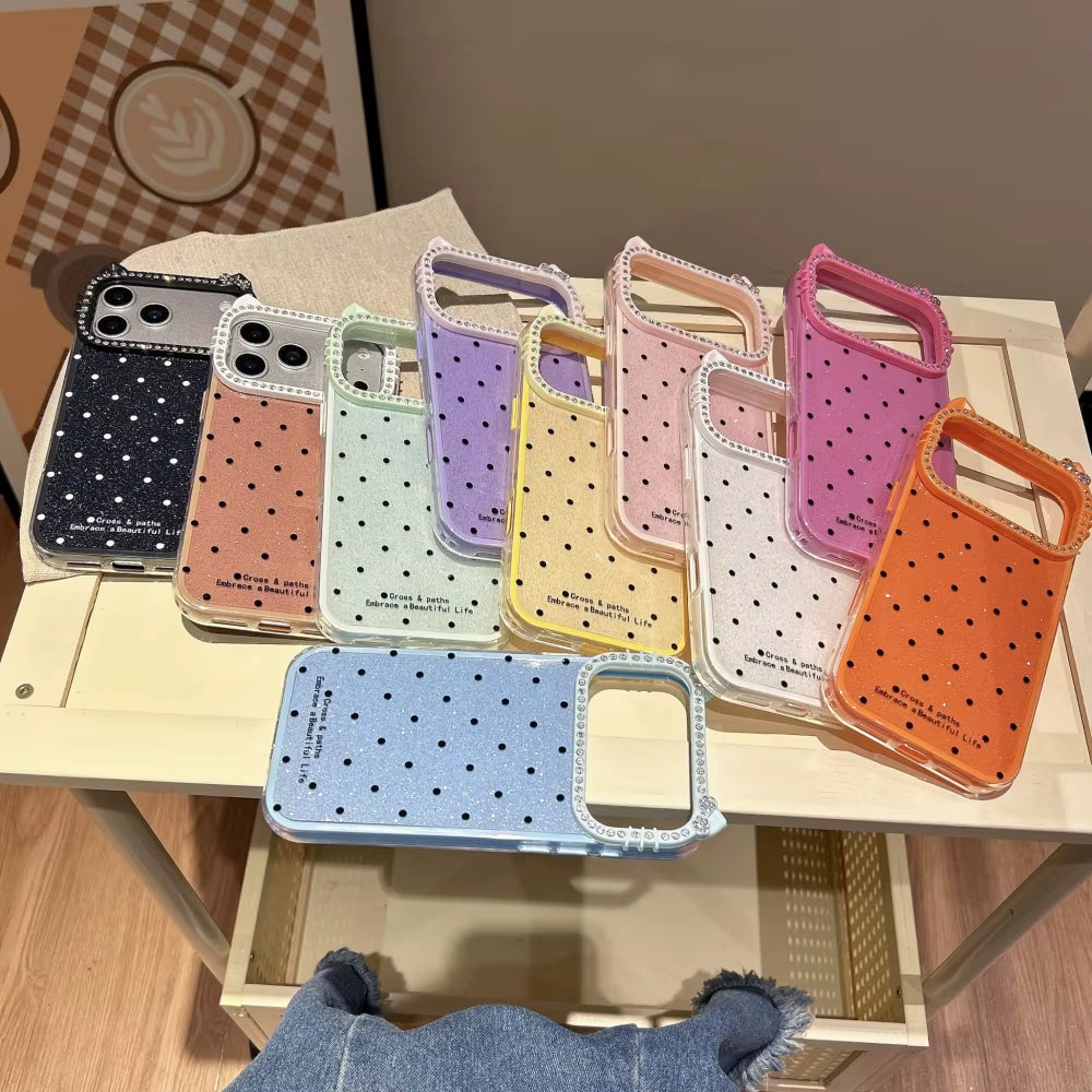Cute Cat Ear Glitter Diamond Polka Dots Case for Iphone 16 17 Pro Max Air 15 14 plus 11 12 13 Wave Point Bling Cartoon Cover
