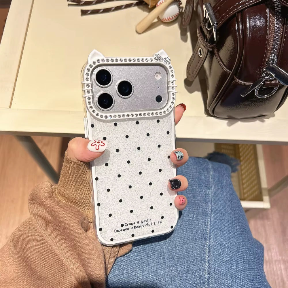 Cute Cat Ear Glitter Diamond Polka Dots Case for Iphone 16 17 Pro Max Air 15 14 plus 11 12 13 Wave Point Bling Cartoon Cover