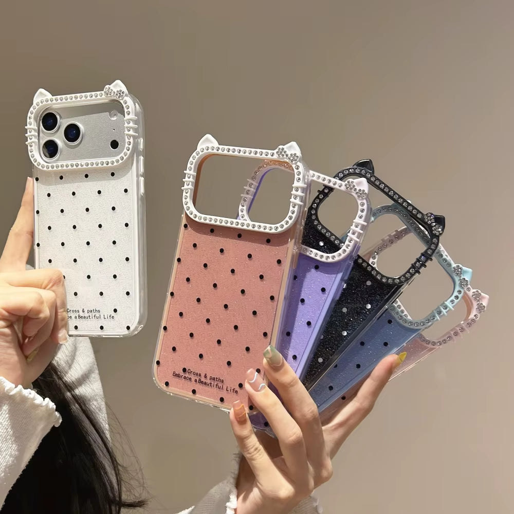 Cute Cat Ear Glitter Diamond Polka Dots Case for Iphone 16 17 Pro Max Air 15 14 plus 11 12 13 Wave Point Bling Cartoon Cover