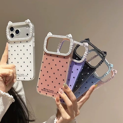 Cute Cat Ear Glitter Diamond Polka Dots Case for Iphone 16 17 Pro Max Air 15 14 plus 11 12 13 Wave Point Bling Cartoon Cover