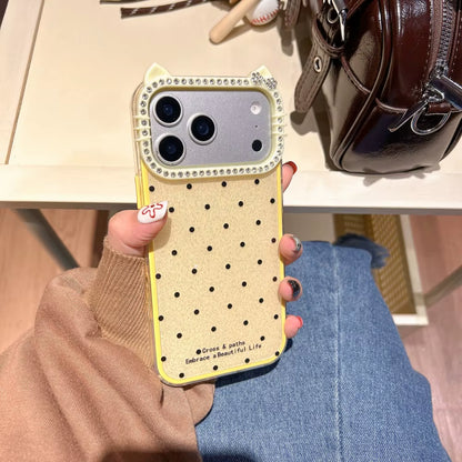Cute Cat Ear Glitter Diamond Polka Dots Case for Iphone 16 17 Pro Max Air 15 14 plus 11 12 13 Wave Point Bling Cartoon Cover