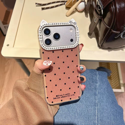 Cute Cat Ear Glitter Diamond Polka Dots Case for Iphone 16 17 Pro Max Air 15 14 plus 11 12 13 Wave Point Bling Cartoon Cover