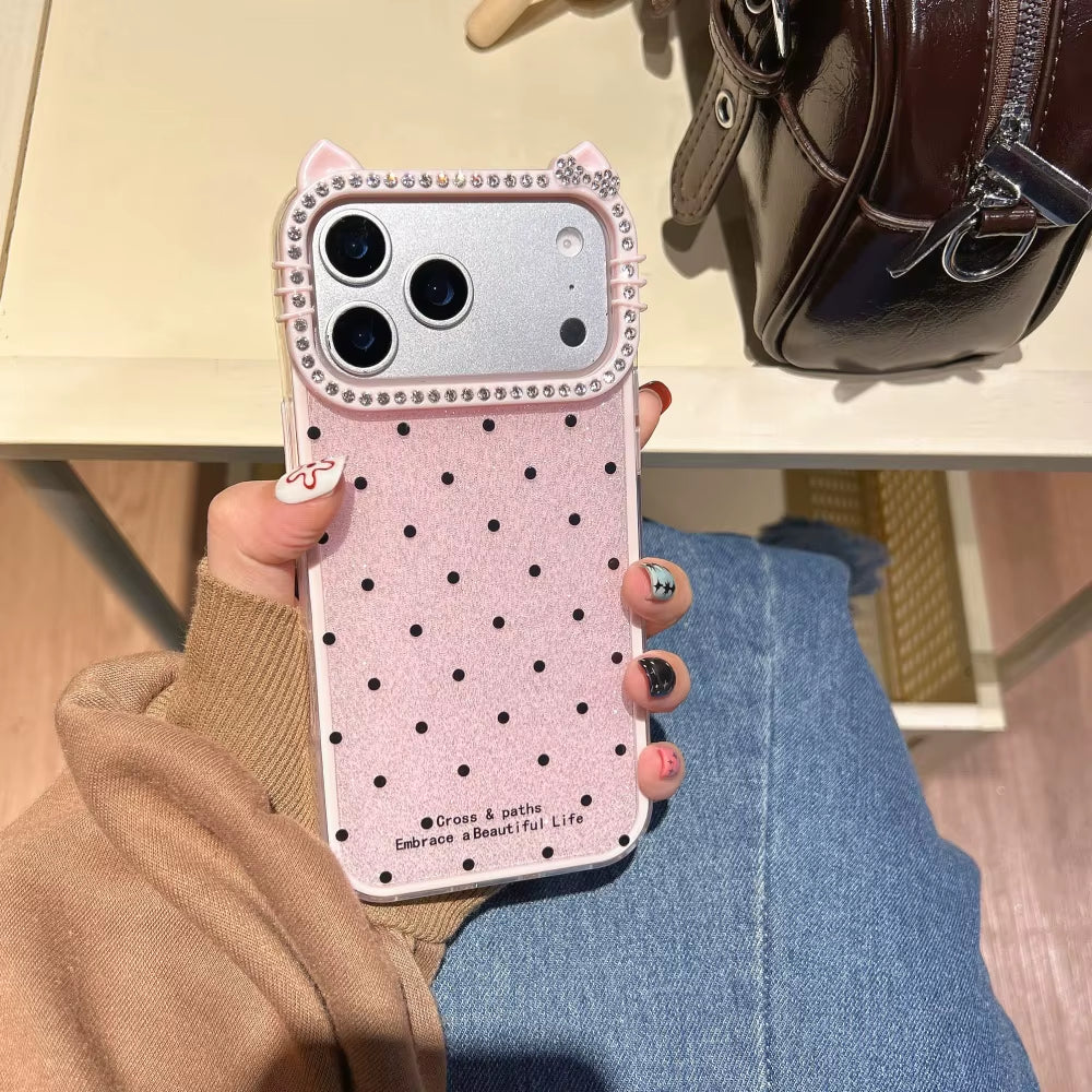 Cute Cat Ear Glitter Diamond Polka Dots Case for Iphone 16 17 Pro Max Air 15 14 plus 11 12 13 Wave Point Bling Cartoon Cover