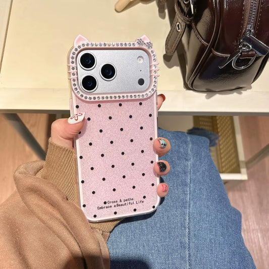 Cute Cat Ear Glitter Diamond Polka Dots Case for Iphone 16 17 Pro Max Air 15 14 plus 11 12 13 Wave Point Bling Cartoon Cover