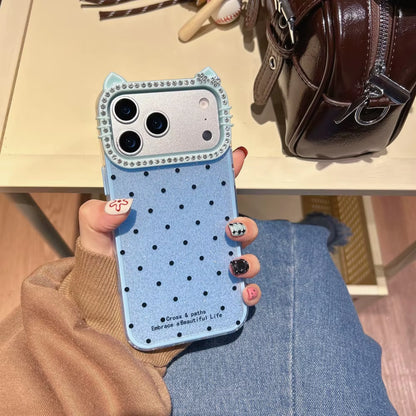 Cute Cat Ear Glitter Diamond Polka Dots Case for Iphone 16 17 Pro Max Air 15 14 plus 11 12 13 Wave Point Bling Cartoon Cover