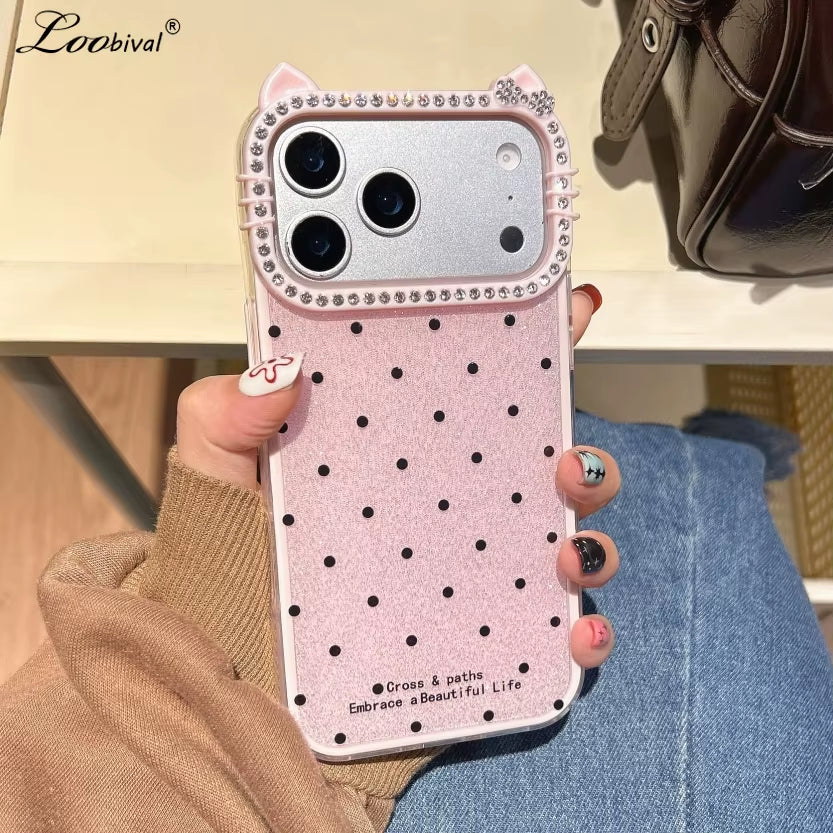 Cute Cat Ear Glitter Diamond Polka Dots Case for Iphone 16 17 Pro Max Air 15 14 plus 11 12 13 Wave Point Bling Cartoon Cover