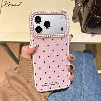Cute Cat Ear Glitter Diamond Polka Dots Case for Iphone 16 17 Pro Max Air 15 14 plus 11 12 13 Wave Point Bling Cartoon Cover