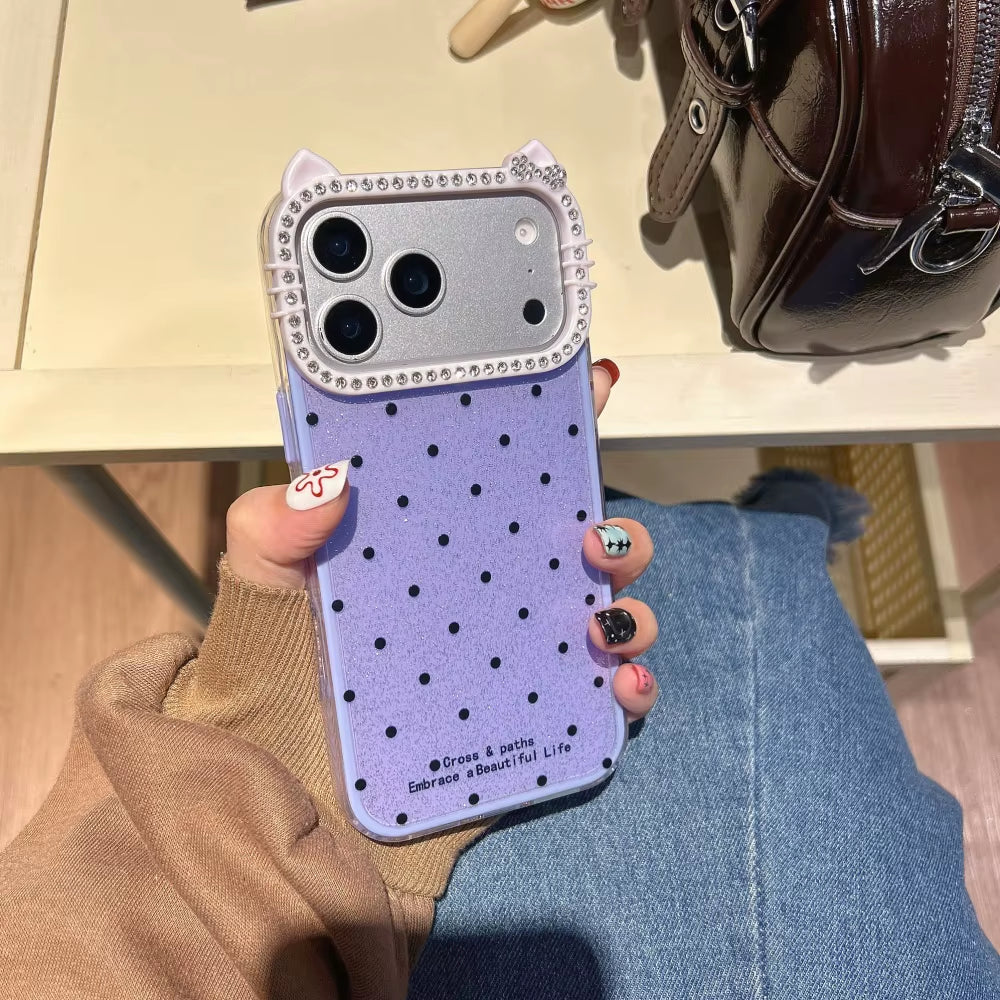 Cute Cat Ear Glitter Diamond Polka Dots Case for Iphone 16 17 Pro Max Air 15 14 plus 11 12 13 Wave Point Bling Cartoon Cover