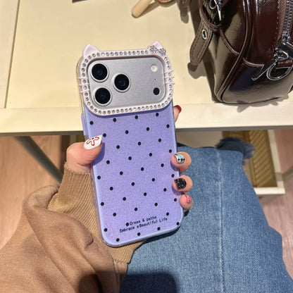 Cute Cat Ear Glitter Diamond Polka Dots Case for Iphone 16 17 Pro Max Air 15 14 plus 11 12 13 Wave Point Bling Cartoon Cover